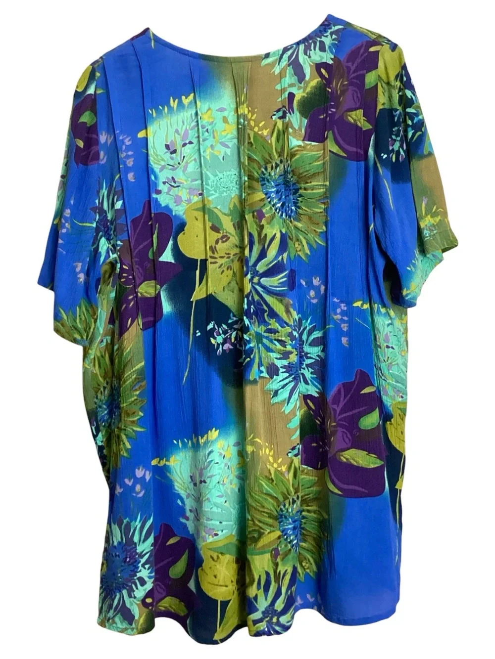 Roaman’s 14W Blue Floral Rayon Blouse Boho Artsy Button Front Top‎ Crinkle Gauze